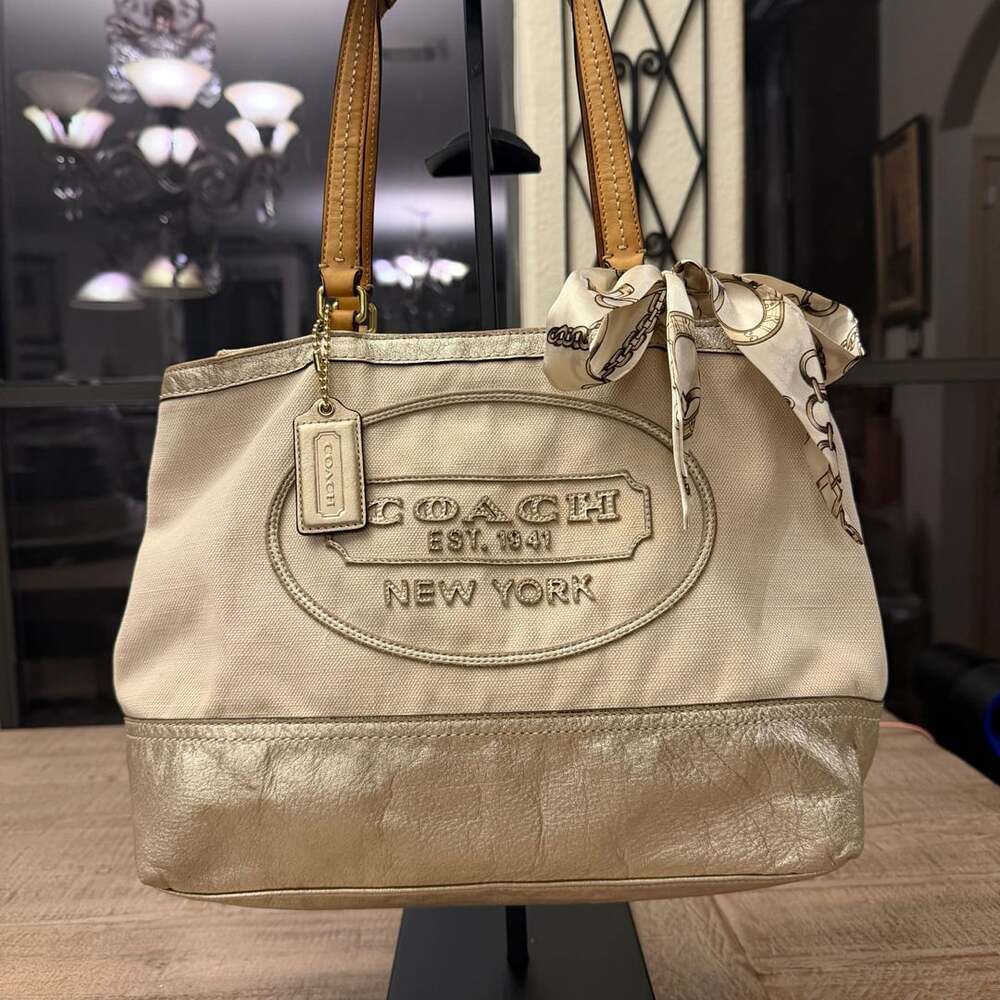 Coach Beige & Gold Linen Tote Handbag